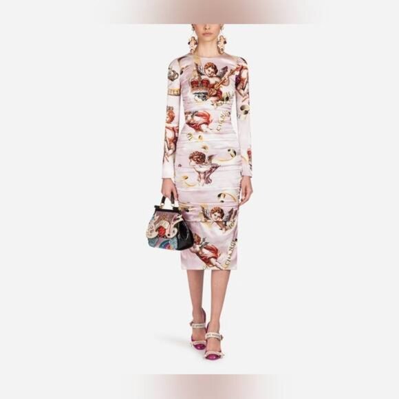 Dolce & Gabbana SS18 Pink Silk-Satin Cherub-Print Midi Dress - Picture 1 of 10